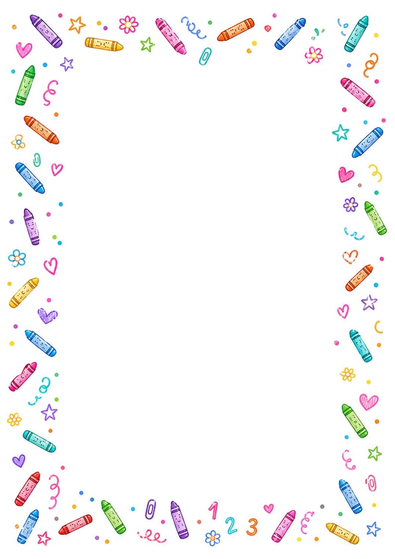 16 Crayon Border Clipart, Printable Classroom Paper JPG, Back To School,  A4 Page, Teacher Worksheet Frames, School Digital Download Kit