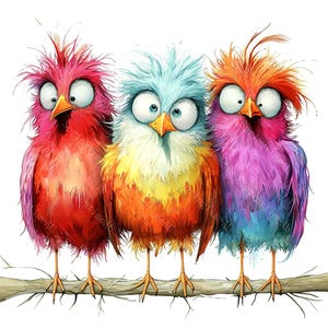 20 cliparts originaux d'oiseaux, oiseaux fantaisistes sur une branche, oiseaux colorés, aquarelle imprimable, fichiers JPG de haute qualité, créations en papier, journal indésirable