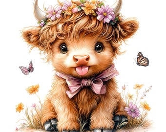 22 Baby Girl Highland Cow Clipart, Pink Floral Bow, Cow With Flowers, Printable Watercolor, High-Quality JPGs, Paper Craft, Junk Journal