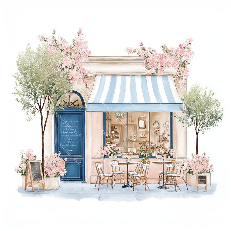 May include: Watercolor illustration of a Parisian cafe with a blue and white striped awning. The cafe has a blue door, small tables, and chairs. Pink flowers and green trees frame the building, creating a charming scene.
