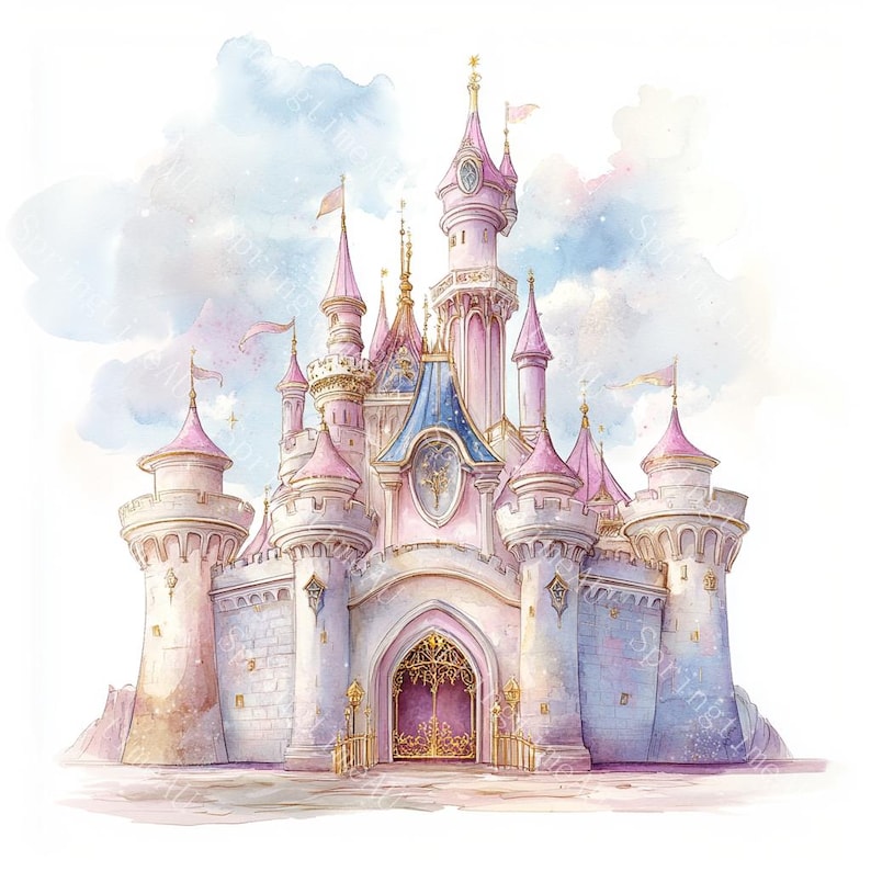 14 Princess Castle Clipart, Magical Fairytale Castle, Pink castle, Printable Watercolor,High-Quality JPGs, Paper Craft, Junk Journal
