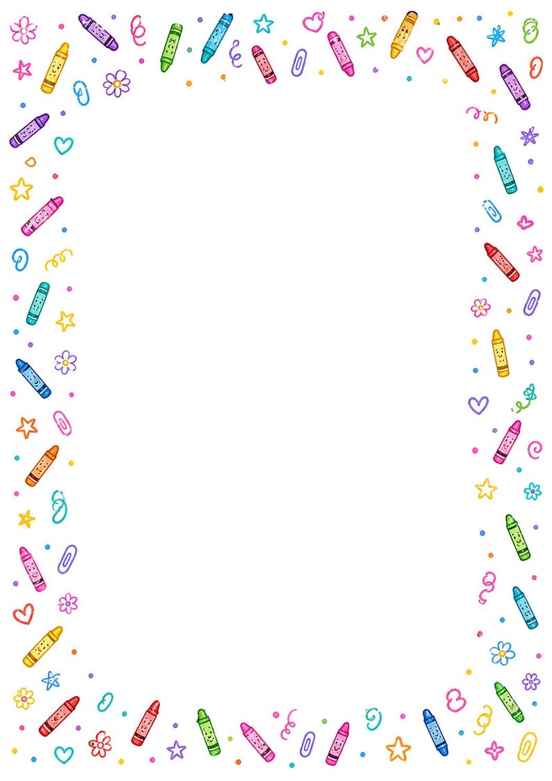 16 Crayon Border Clipart, Printable Classroom Paper JPG, Back To School,  A4 Page, Teacher Worksheet Frames, School Digital Download Kit