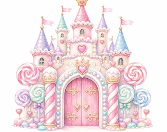 May include: A whimsical castle illustration featuring pastel pink, blue, and purple towers topped with flags. The structure is adorned with heart-shaped accents, candy-cane pillars, and large swirled lollipops on both sides of a central pink door.