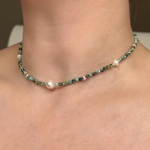 Turquoise and Pearl Necklace, Unique Dainty Crystal Choker, Beaded Jewellery Gift for Her, Summer Layering Necklace