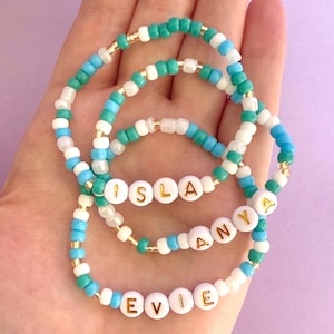 Personalised Beaded Name Bracelet, Blue Turquoise Gold Custom Name Bracelet, Kids and Adult Sizing, Great for Gifting and Party Favours