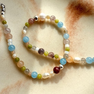 Freshwater Pearl + Gemstone Necklace, Unique Dainty Choker, Beaded Jewellery Gift for Her, Summer Accessories