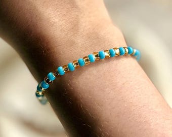 Turquoise & Gold Miyuki Seed Bead Bracelet, Stackable Boho Jewelry