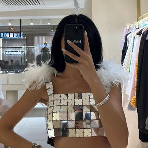 Silver Plexi Crop Top with Feathers - Adjustable Chain Detail