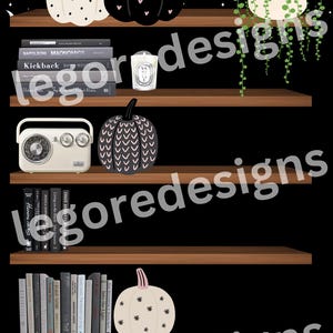 May include: Digital illustration of a bookshelf with pumpkins, books, a radio, and a potted plant against a starry night sky. The pumpkins are decorated with dots and hearts. The text "legoredesigns" is in the image.
