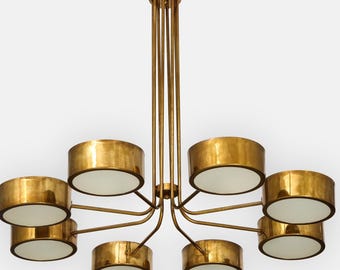 Lustre Spoutnik Tambour en verre Stilnovo italien du milieu du siècle fait main, abat-jour en laiton patiné Spoutnik, suspension moderne pour salle à manger, salon