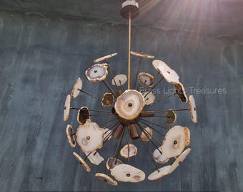 Lustre Spoutnik en pierre d'agate brune : lampe en laiton, italienne du milieu du siècle