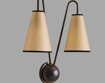 Applique murale moderne italienne Stilnovo Spoutnik des années 1950, Double abat-jour en tissu, courbe de lumière, fait main, cuisine, chevet, chambre à coucher, salon