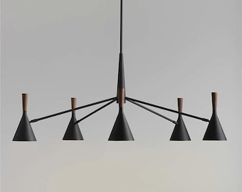 Lustre moderne Mid-Century conique noir : suspension à 6 lumières en laiton et bois