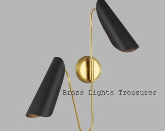 Applique murale moderne du milieu du siècle en noir et laiton, luminaire double cône, lampe murale minimaliste de luxe pour chambre à coucher, salon et décoration de bureau