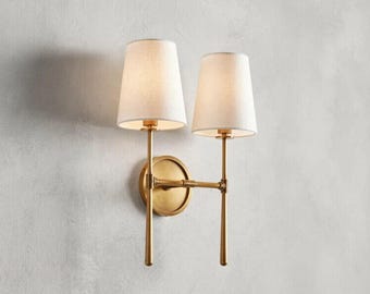 Applique murale à double bras en laiton : applique murale moderne Mid-Century en tissu, abat-jour doux et industriel, fait main, salle à manger, salon, chambre, couloir