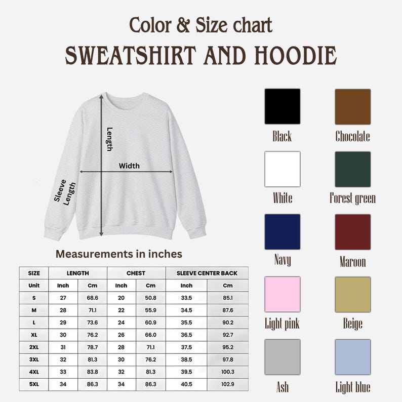 Puede incluir: Una tabla de colores y tallas para sudaderas y sudaderas con capucha. La tabla incluye medidas en pulgadas y cent&iacute;metros para la longitud, el pecho y el centro de la manga trasera. Los colores incluyen negro, blanco, azul marino, rosa claro, ceniza, chocolate, verde bosque, granate, beige y azul claro.