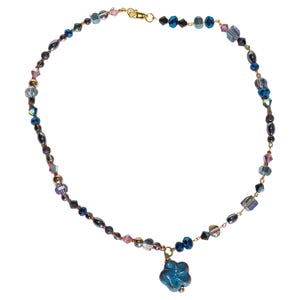 La Flor Del Tierra - Blue Ceramic Flower Choker Necklace with Lava Stone, Hematite & Czech Glass Crystals – Earthy and Artsy