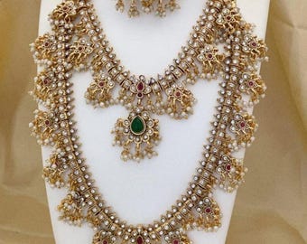 Gold Plated Indian Bridal Jewelry Set | Temple Haram, Choker & Earrings