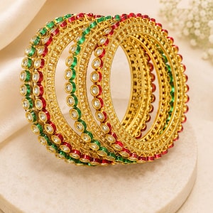 Gold Plated Emerald Red Pacheli Bangles Set | Stylish Party Wear Bracelet 4Pcs