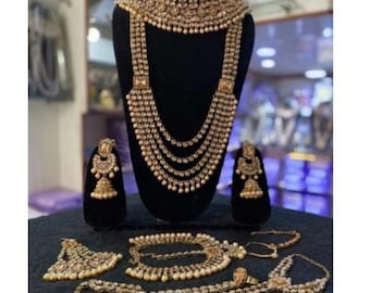 Premium Quality Kundan Necklace Set/ Indian Jewelry/Indian bridal set/Bridal jewelry, Wedding Bridal Set, gold Necklace Set 9pcs