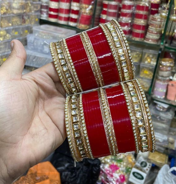 Indian Traditional Kundan Red Chuda Pearl Kada Acrylic Wedding