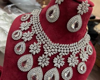 Beautiful American Diamond High Quality Necklace set, Indian Bridal jewellery Cz Diamond look alike Necklace and earrings AD jewellery