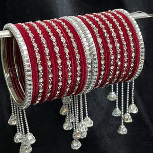 Red Indian Bridal Bangle Set with Jhumki, Pearl Kundan Jhumki Kada, Wedding Bangles, Indian Pakistani Jewelry, Bridal Bangles Stack