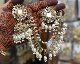 Kundan Pearl Jhumka Earrings: Indian Tikka & Kaan Chain Jewelry Set