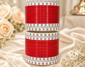 Punjabi Braut Chura Set | Rot CZ Gold Traditionelle indische Armreifen Chooda