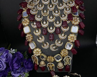 Elegant Kundan Bridal set/Indian bridal jewelry/ high quality kundan Polki jewelry/ Maroon Gold Necklace Set with earrings mangtika 4 pcs