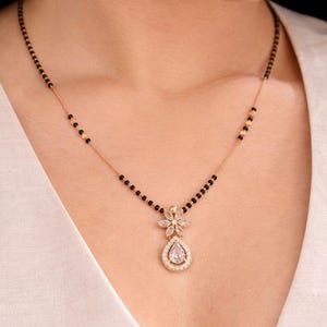 Conjunto Mangalsutra em ouro rosa: contas pretas, joias indianas delicadas