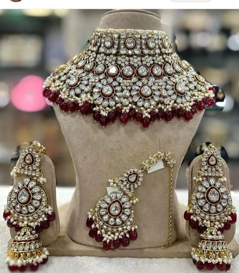 Kundan Bridal Jewelry Set, Choker Necklace, Maang Tikka - Etsy