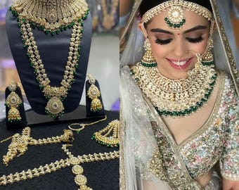 Green Kundan Bridal Necklace Set/Bridal Jewelry Set/Full Bridal Set/Designer Gold Bridal Set/Indian Jewelry/Bollywood Jewelry/Wedding Set