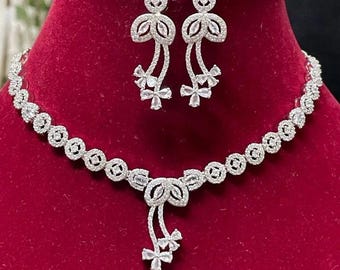 Silver CZ Diamond Wedding Jewelry Bridal Necklace Set American Diamond Necklace Indian Jewelry Indian Necklace Set CZ Set, AD Necklace