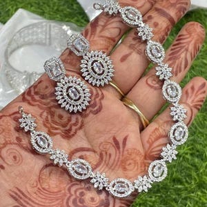 cubic Zirconia AD Necklace Set Bridal Wedding Indian Necklace Bollywood Jewelry CZ Jewelry American Diamond jewelry Choker,Silver Finish Set