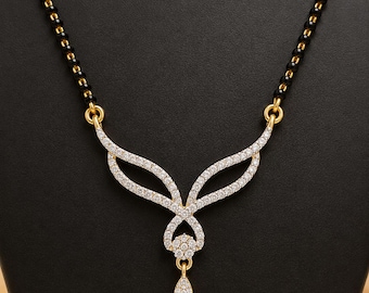Gold Plated CZ Mangalsutra Necklace: Bollywood Inspired Black Beads Indian Jewelry