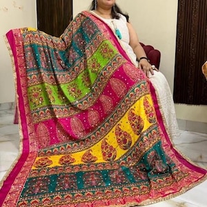 Printed Georgette Multicolor Dupatta, Indian Chunari with Mirror Work
