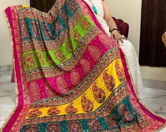 Printed Georgette Multicolor Dupatta, Indian Chunari with Mirror Work