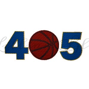 Puede incluir: Gráfico con el número 405 y una pelota de baloncesto en el centro. Los números son azules con ribete dorado, y la pelota es roja con líneas negras. El diseño está sobre un fondo blanco.