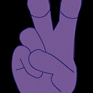 May include: A purple hand gesture, showing the peace sign, against a black background. The hand is rendered in a textured style, with dark blue outlines defining the fingers and the shape of the hand. The fingers are raised in a V shape.