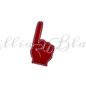 May include: A red foam finger with a white stitched outline, pointing upwards. The hand-shaped accessory is a classic symbol of support and celebration, often seen at sporting events.