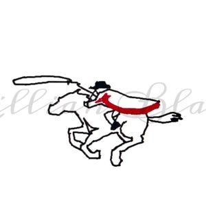 May include: Line drawing of a horse and rider in action. The rider, wearing a hat and a red cape, is holding a lasso. The horse is galloping, and the image is in black and white.
