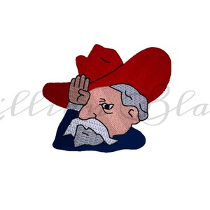 May include: An embroidered patch featuring a person with gray hair and a gray mustache wearing a large red cowboy hat. The person is shown in profile, raising a hand to the brim of the hat. The design includes a dark blue shirt and the text Lillian Blake.