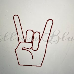 May include: A red outline of a hand making the rock and roll gesture, with the index and pinky fingers extended. The background is white, and the text "Lillian Blake" is faintly visible in the upper left and right corners.