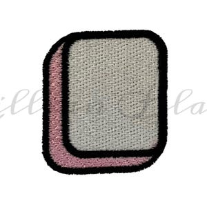 May include: A pink and white rectangular eraser with a black outline.