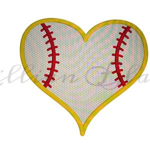 May include: A yellow heart-shaped baseball with red stitching.