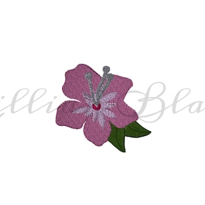May include: A pink hibiscus flower embroidery patch with green leaves and a gray stamen. The flower has a textured appearance and is set against a white background. The name "Lilli Blake" is written in a cursive font.