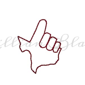 Könnte beinhalten: Eine weinrote Umrisszeichnung des Bundesstaates Texas mit einer Hand, die die Geste "Hook 'em Horns" ausführt. Das Bild befindet sich auf weißem Hintergrund. Der Text "Lillian Blake" ist im Hintergrund.