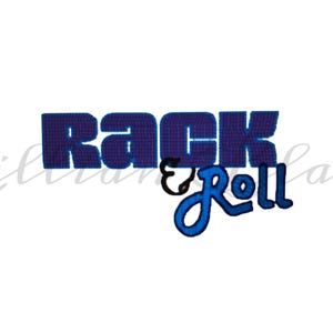May include: The words "Rack & Roll" are displayed in a stylized font. "Rack" is in a dark blue, blocky font, while "&" is black and "Roll" is in a swirly, light blue font. The background is white.