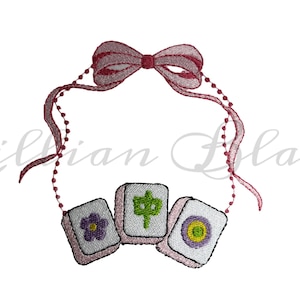 May include: Embroidered design of three Mahjong tiles hanging from a pink ribbon bow. Each tile shows a different symbol: a purple flower, a green Chinese character, and a yellow circle. The design is set against a white background.